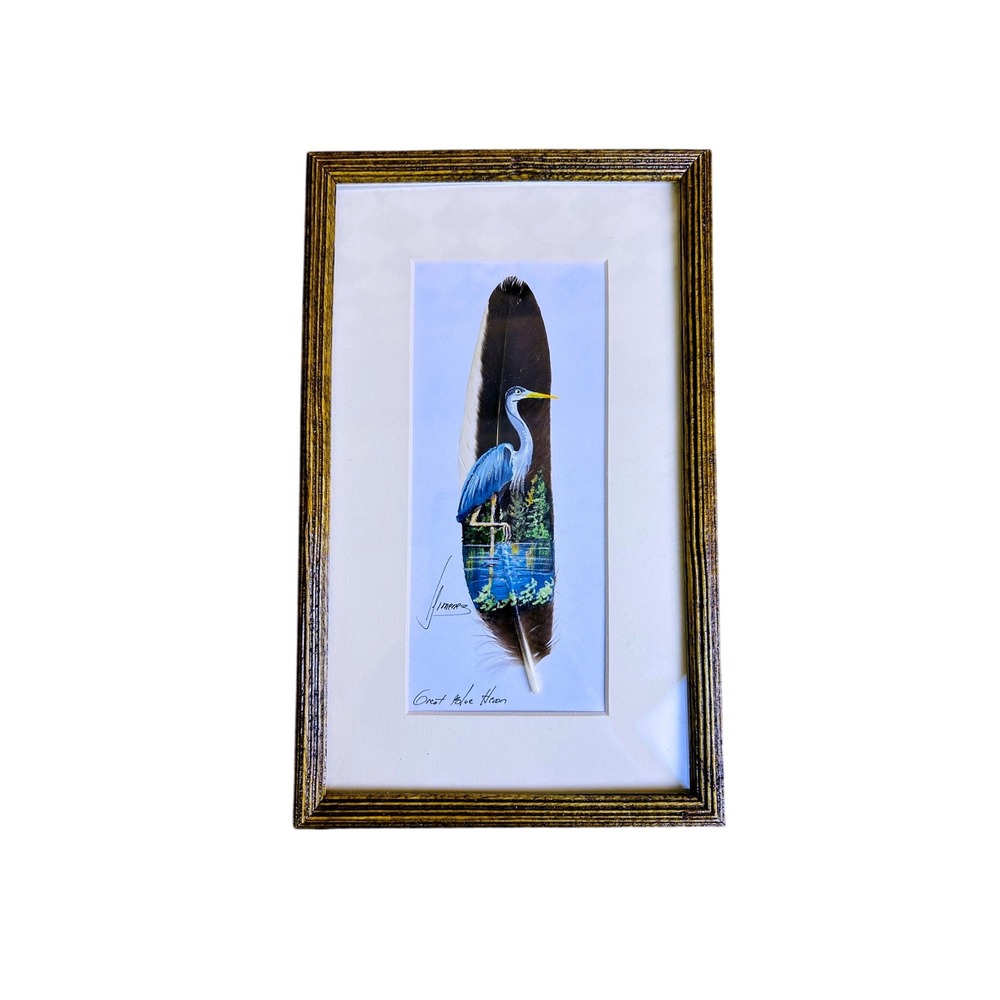 Great Blue Heron Painted on Feather Framed Art Signed Bird Wildlife Decor